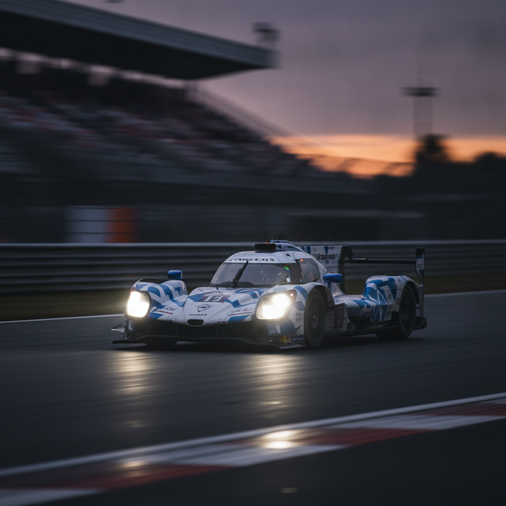 Prototype LMP2 en course sur circuit au crépuscule